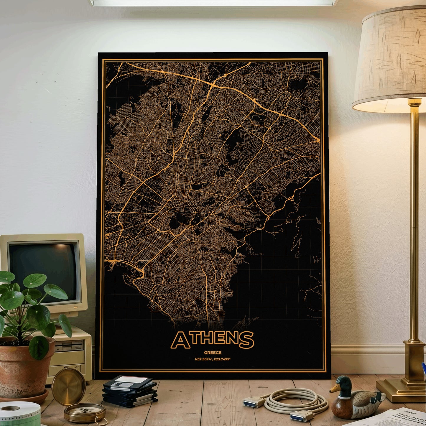 Athens Phosphor Map Poster - Amber CRT