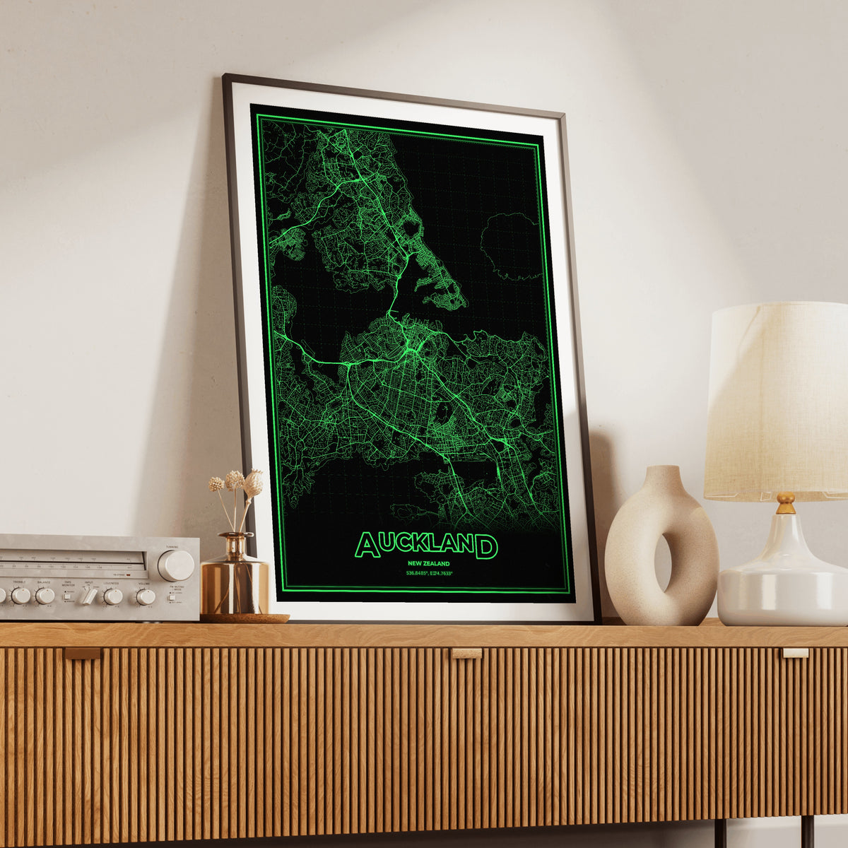 Auckland Phosphor Map Poster - Phosphor Green