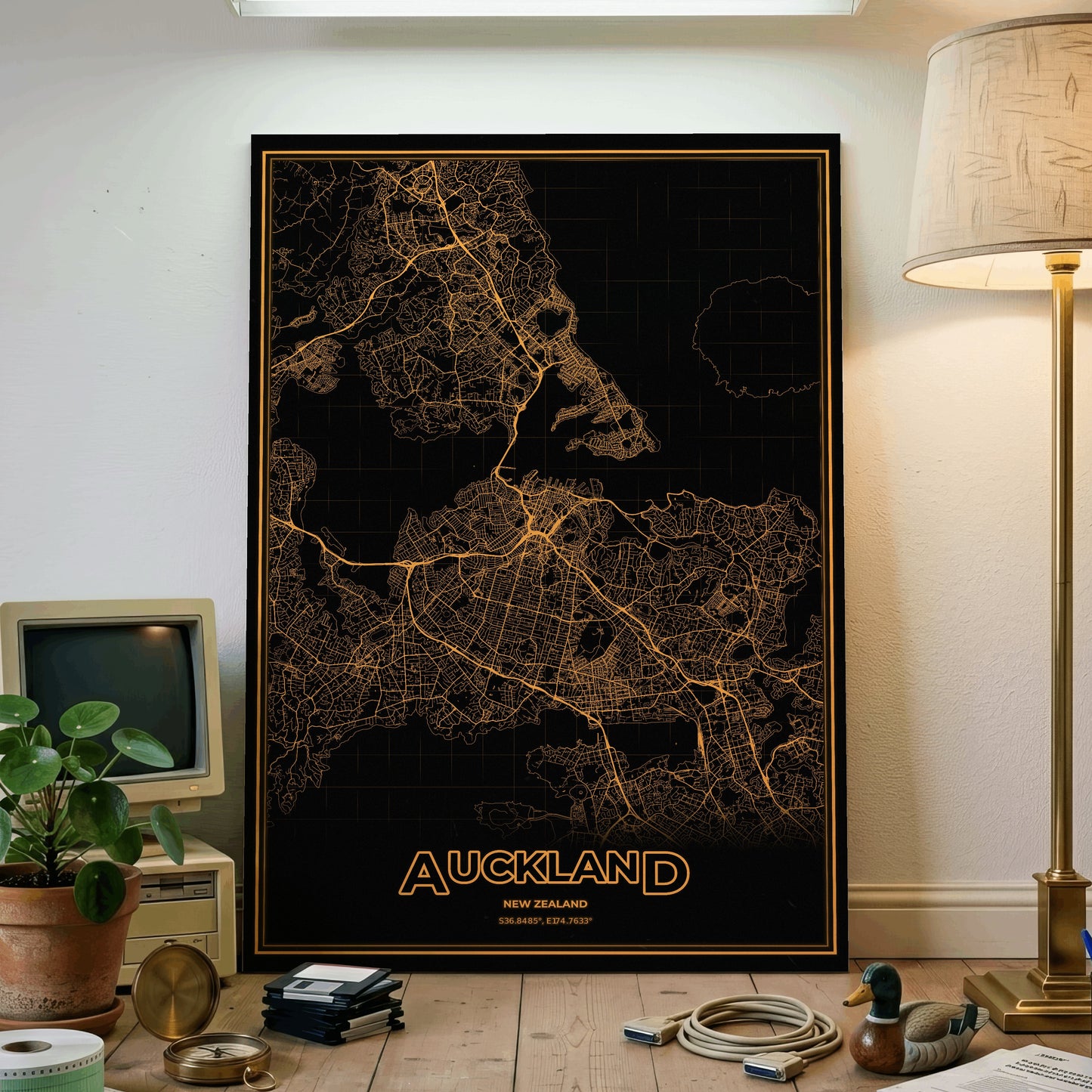 Auckland Phosphor Map Poster - Amber CRT