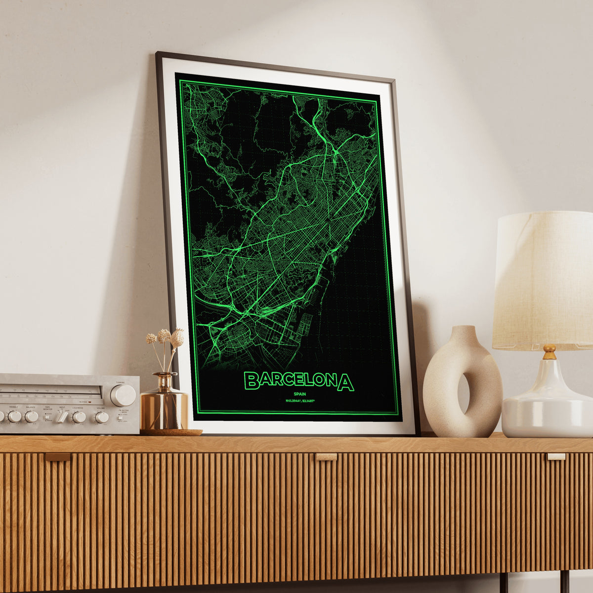 Barcelona Phosphor Map Poster - Phosphor Green