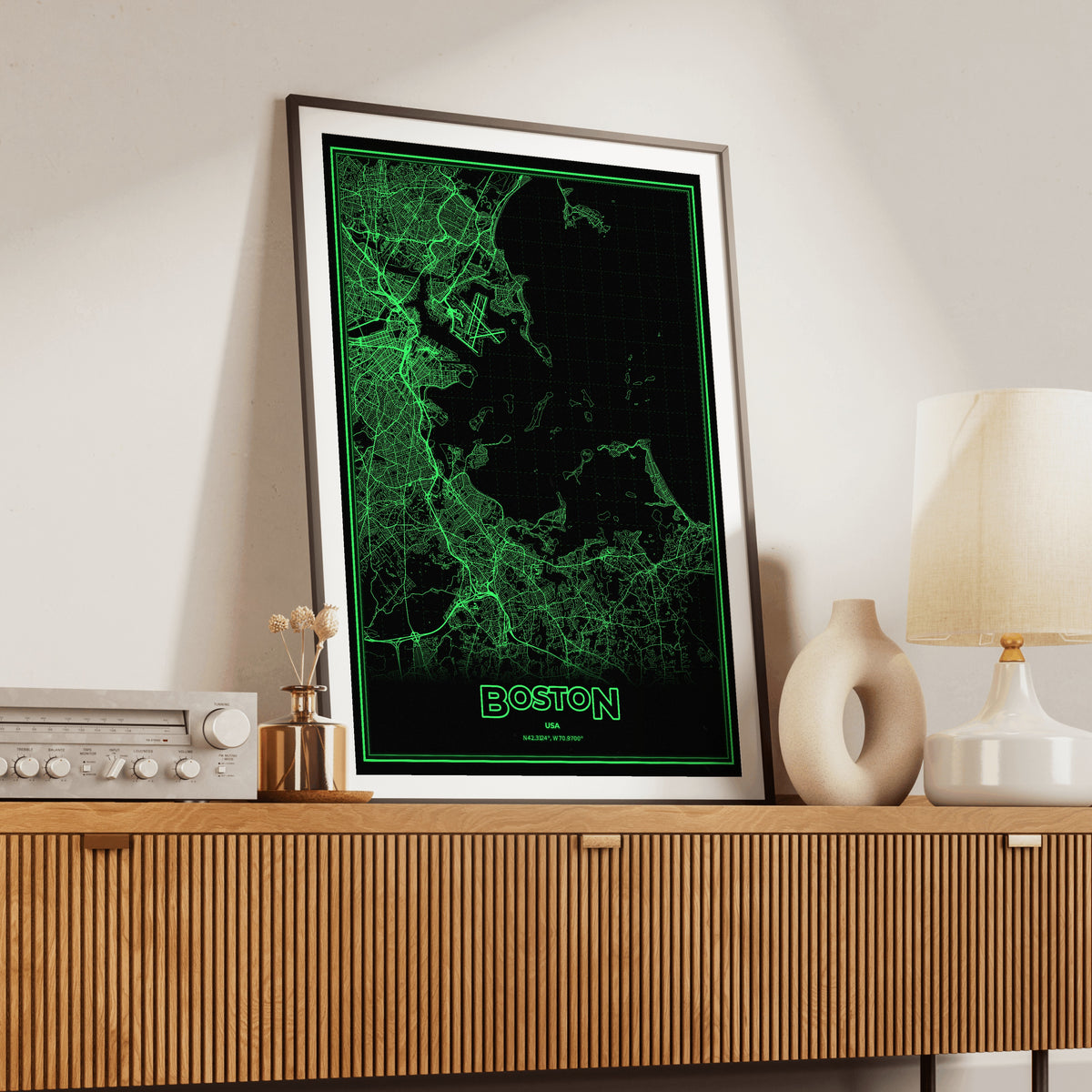 Boston Phosphor Map Poster - Phosphor Green