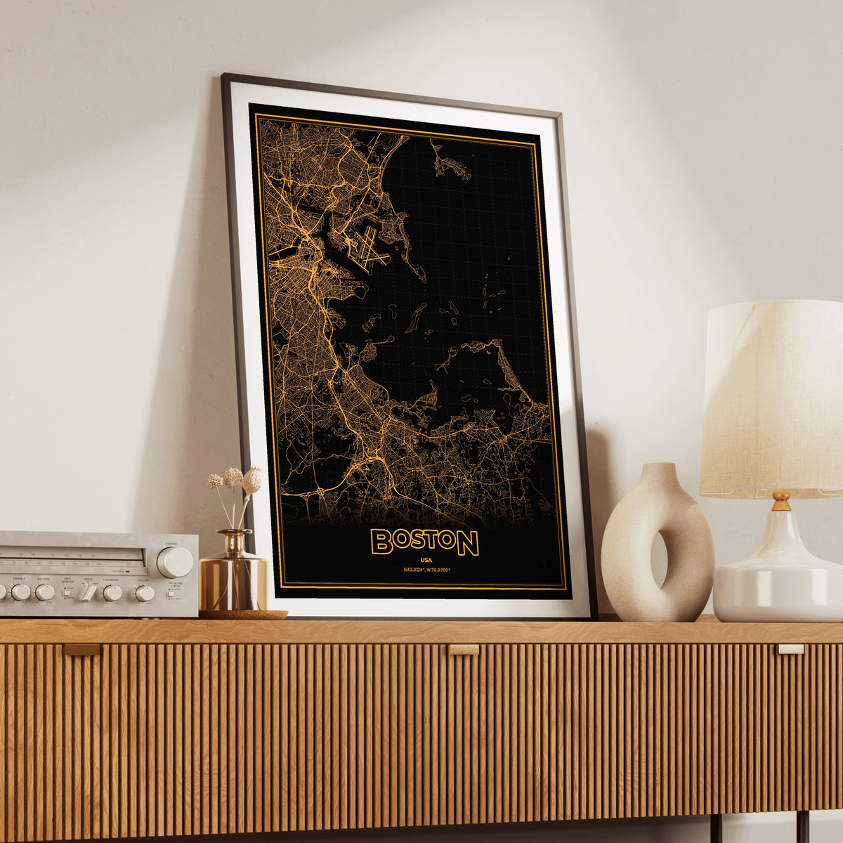 Boston Phosphor Map Poster - Amber CRT