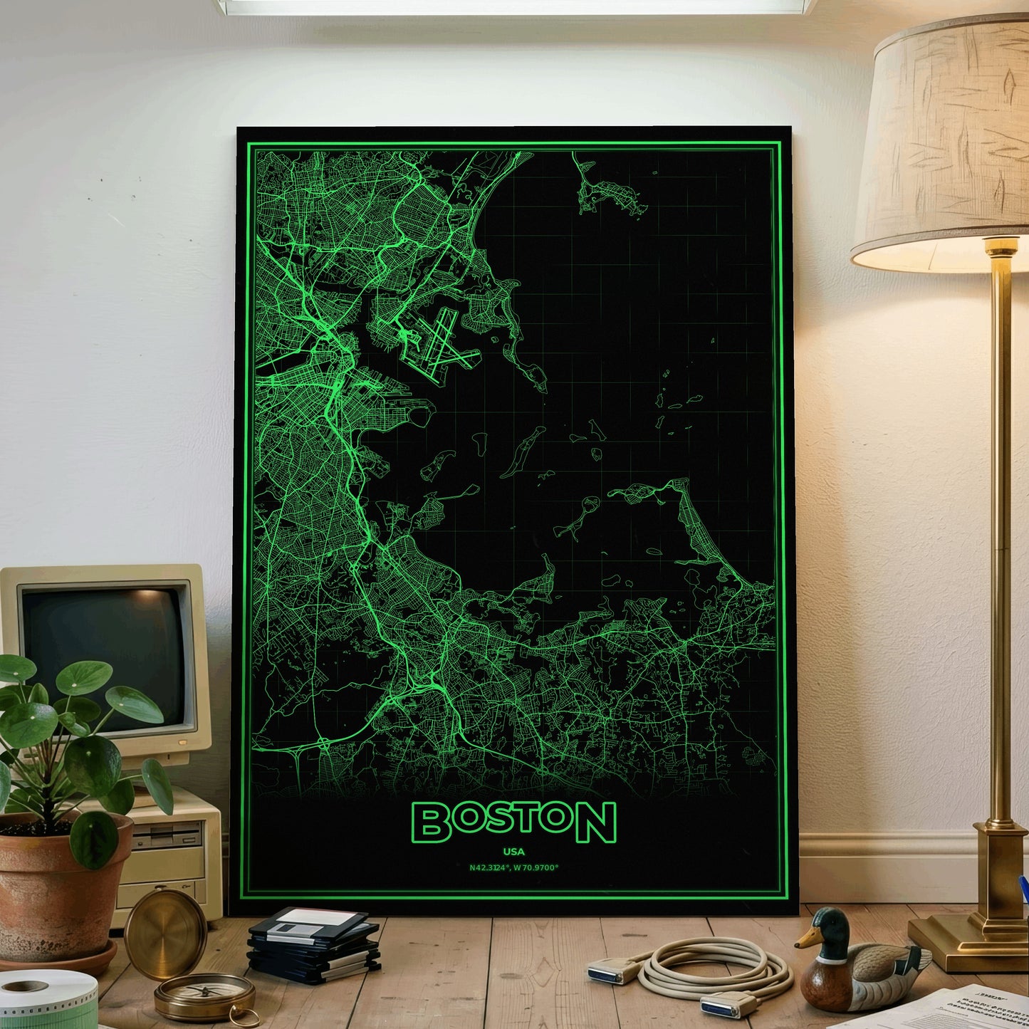 Boston Phosphor Map Poster - Phosphor Green