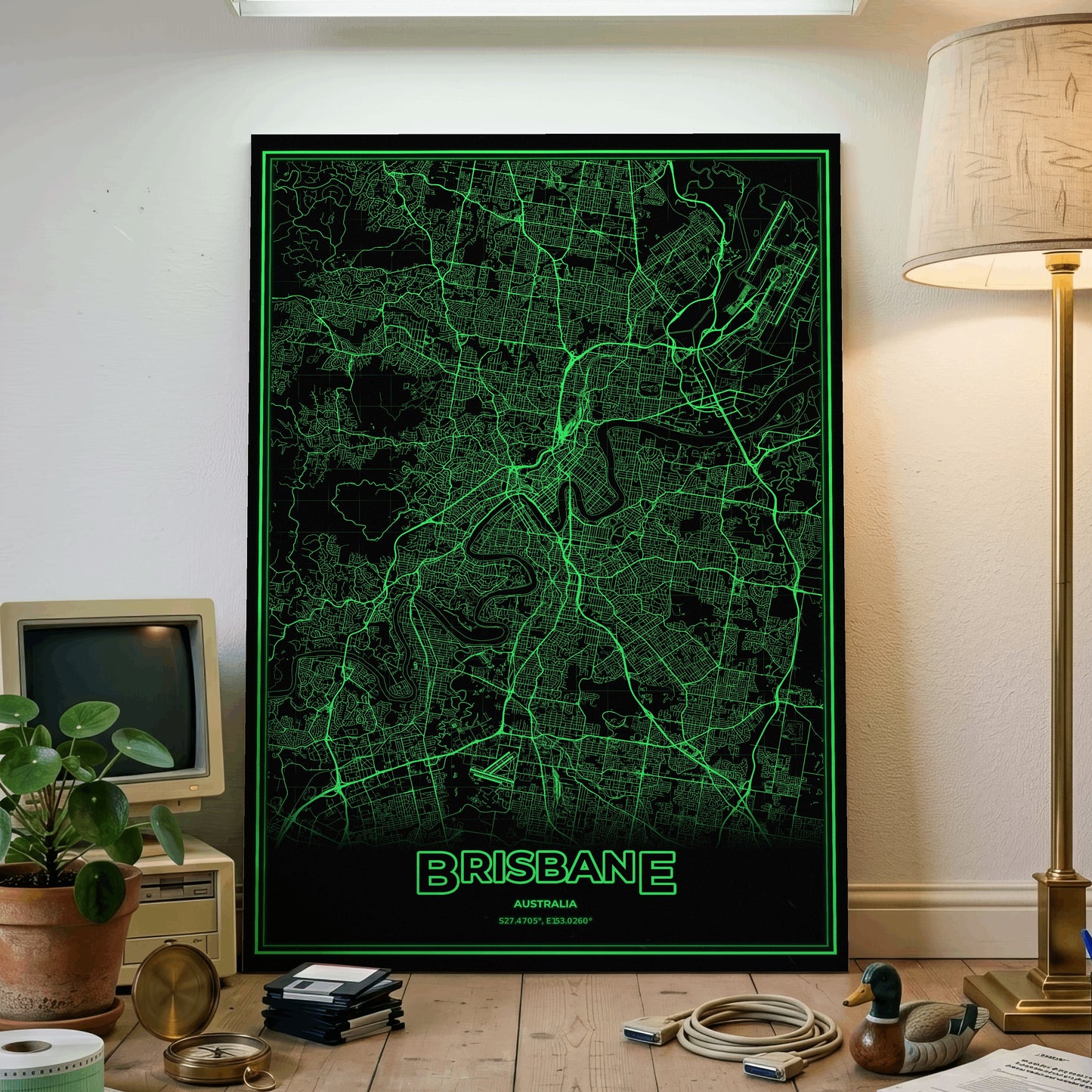 Brisbane Phosphor Map Poster - Phosphor Green