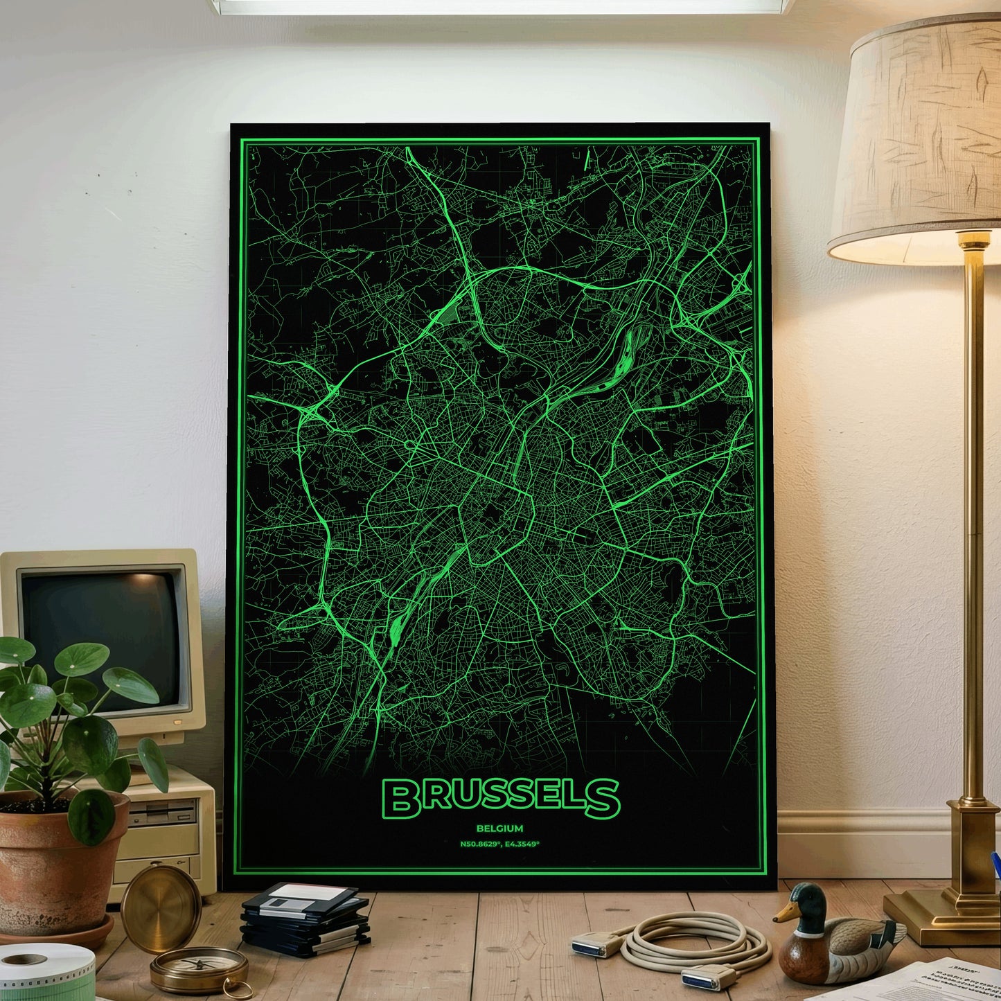 Brussels Phosphor Map Poster - Phosphor Green