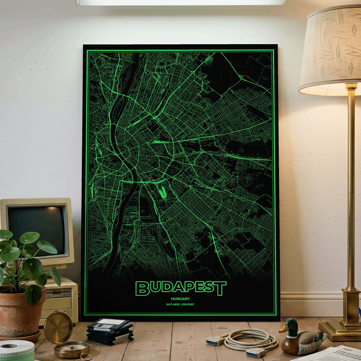 Budapest Phosphor Map Poster - Phosphor Green