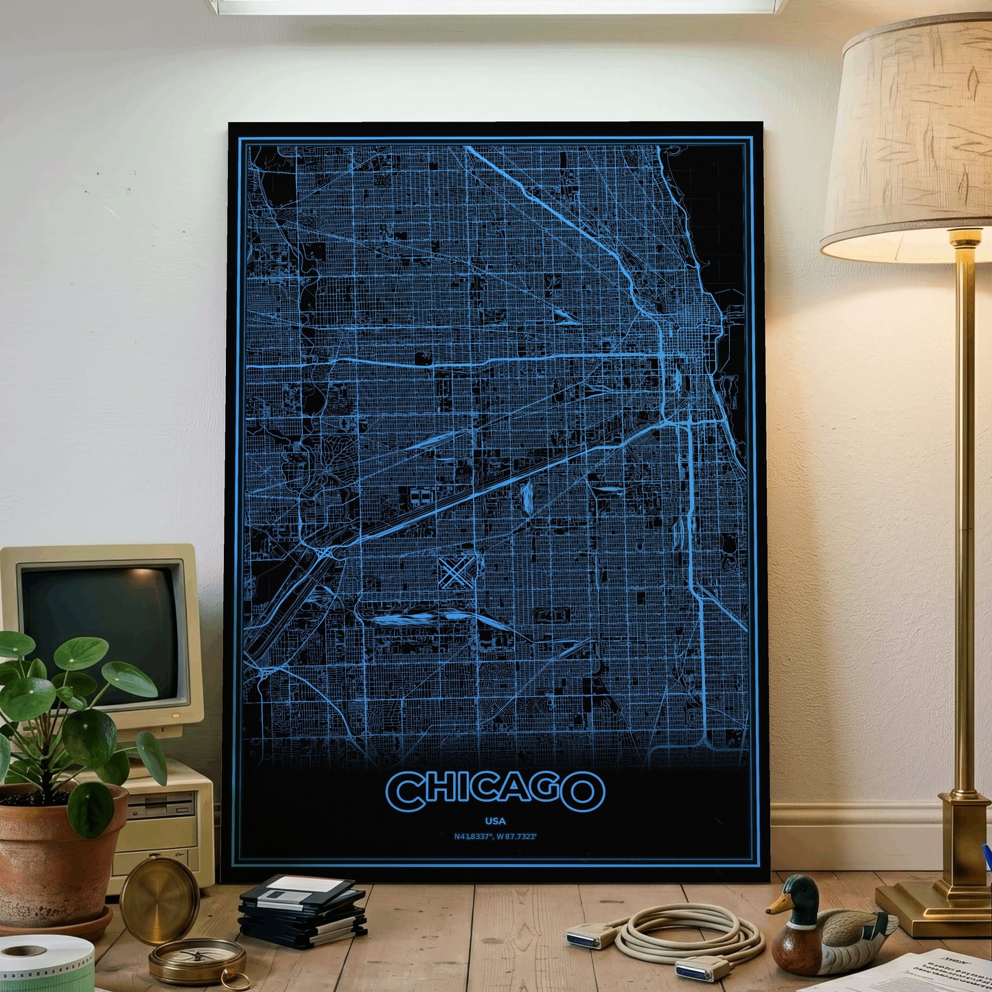 Chicago Phosphor Map Poster - IBM Blue