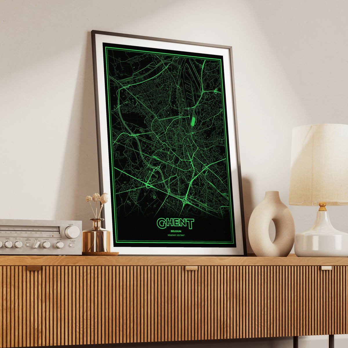 Ghent Phosphor Map Poster - Phosphor Green