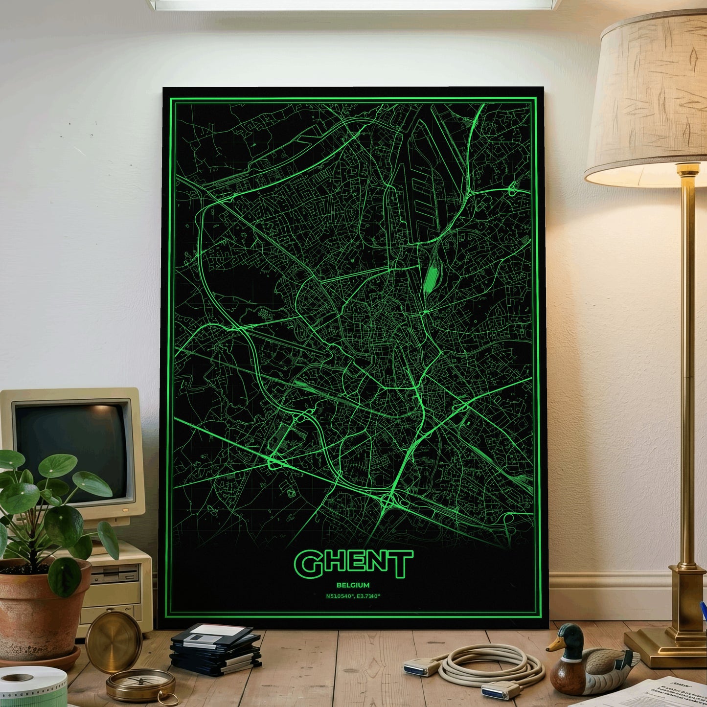 Ghent Phosphor Map Poster - Phosphor Green