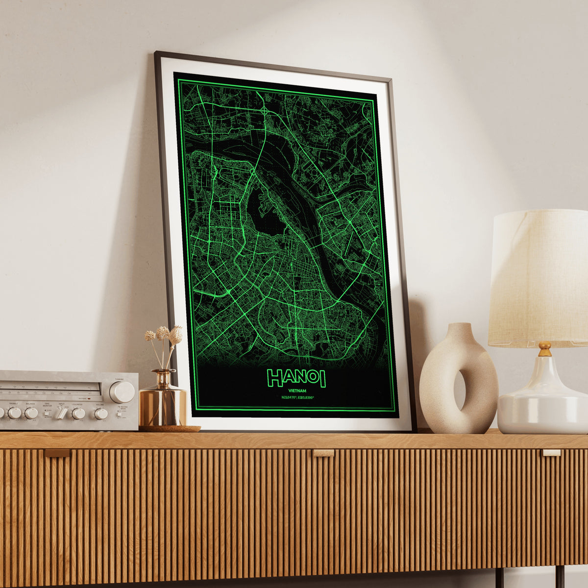Hanoi Phosphor Map Poster - Phosphor Green