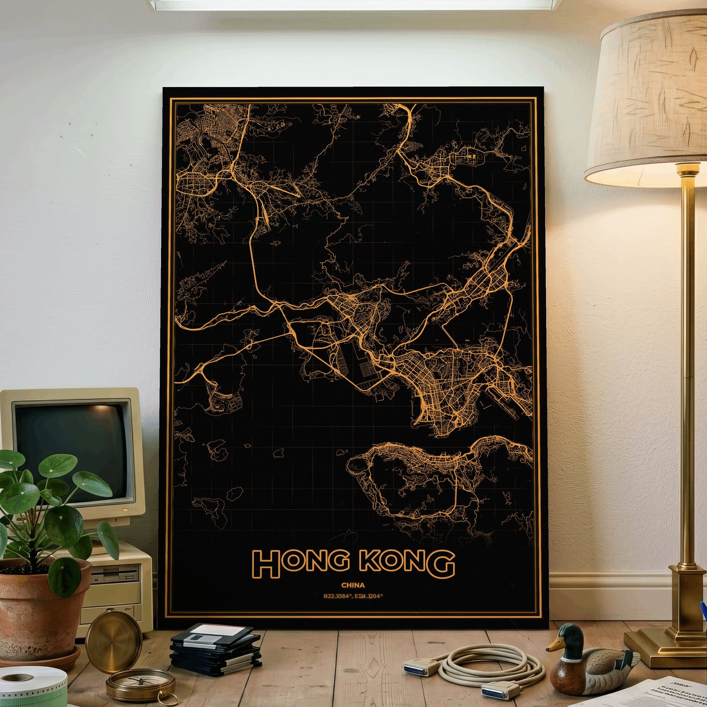 Hong Kong Phosphor Map Poster - Amber CRT