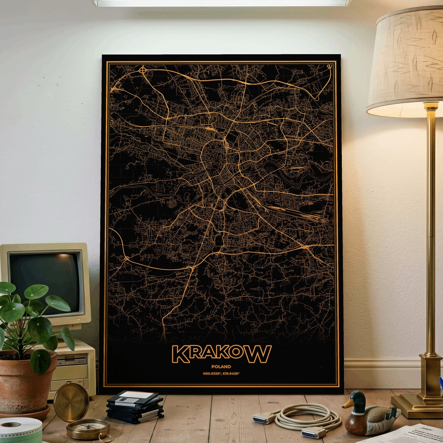 Krakow Phosphor Map Poster - Amber CRT