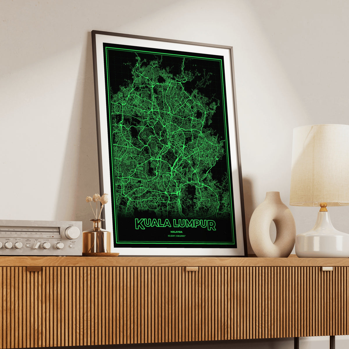 Kuala Lumpur Phosphor Map Poster - Phosphor Green