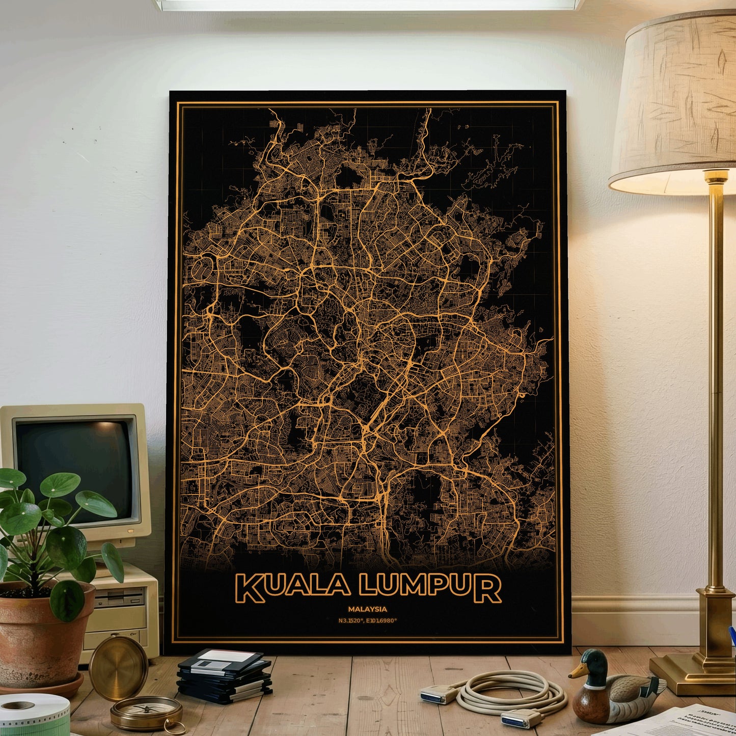 Kuala Lumpur Phosphor Map Poster - Amber CRT