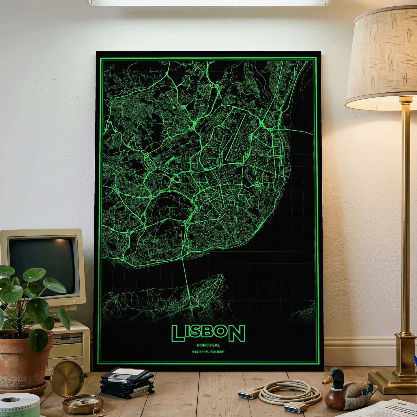 Lisbon Phosphor Map Poster - Phosphor Green