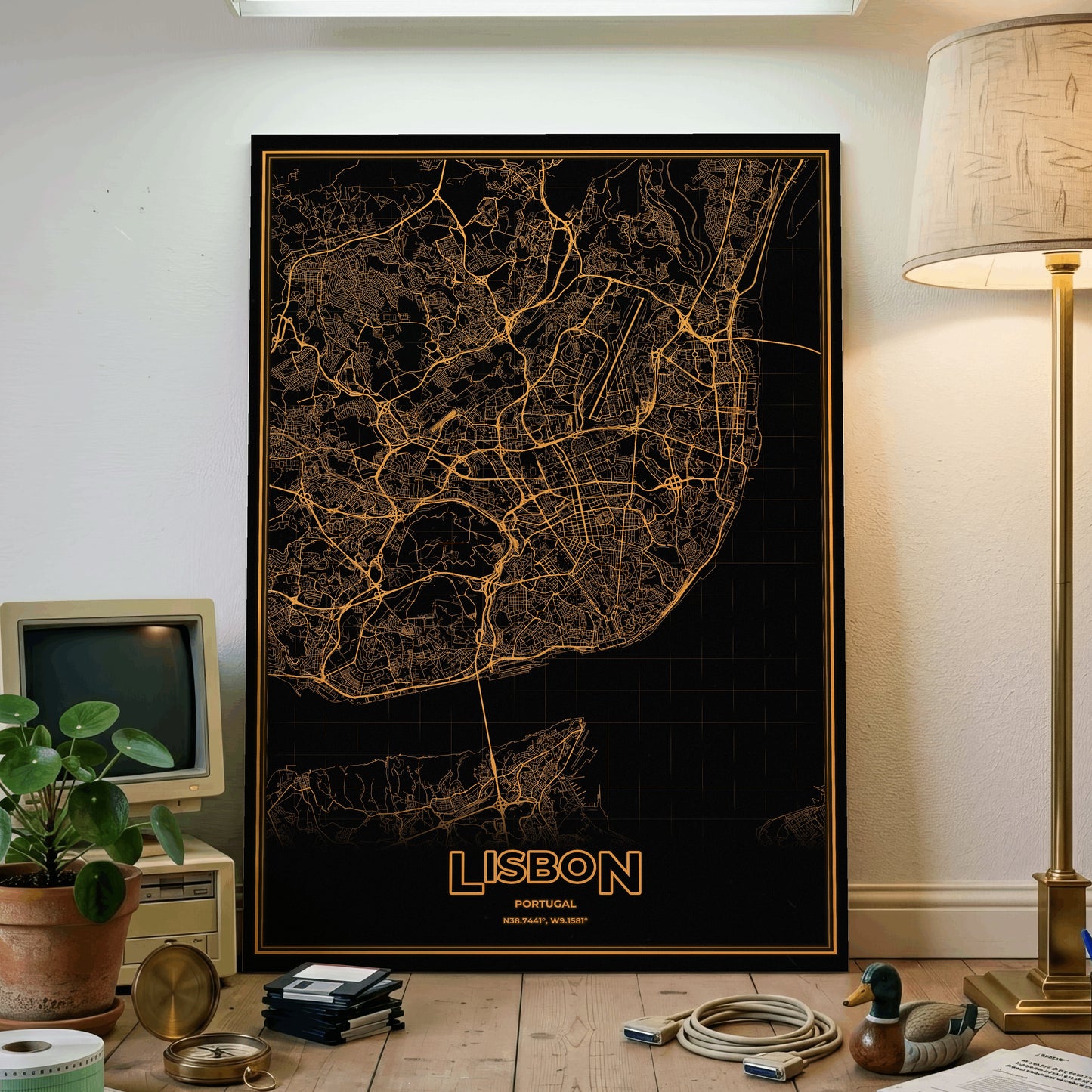 Lisbon Phosphor Map Poster - Amber CRT