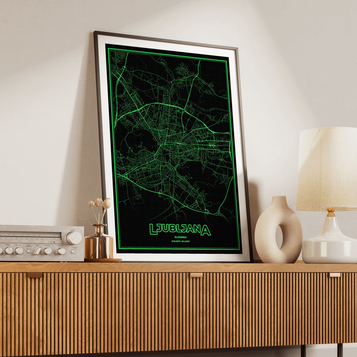 Ljubljana Phosphor Map Poster - Phosphor Green