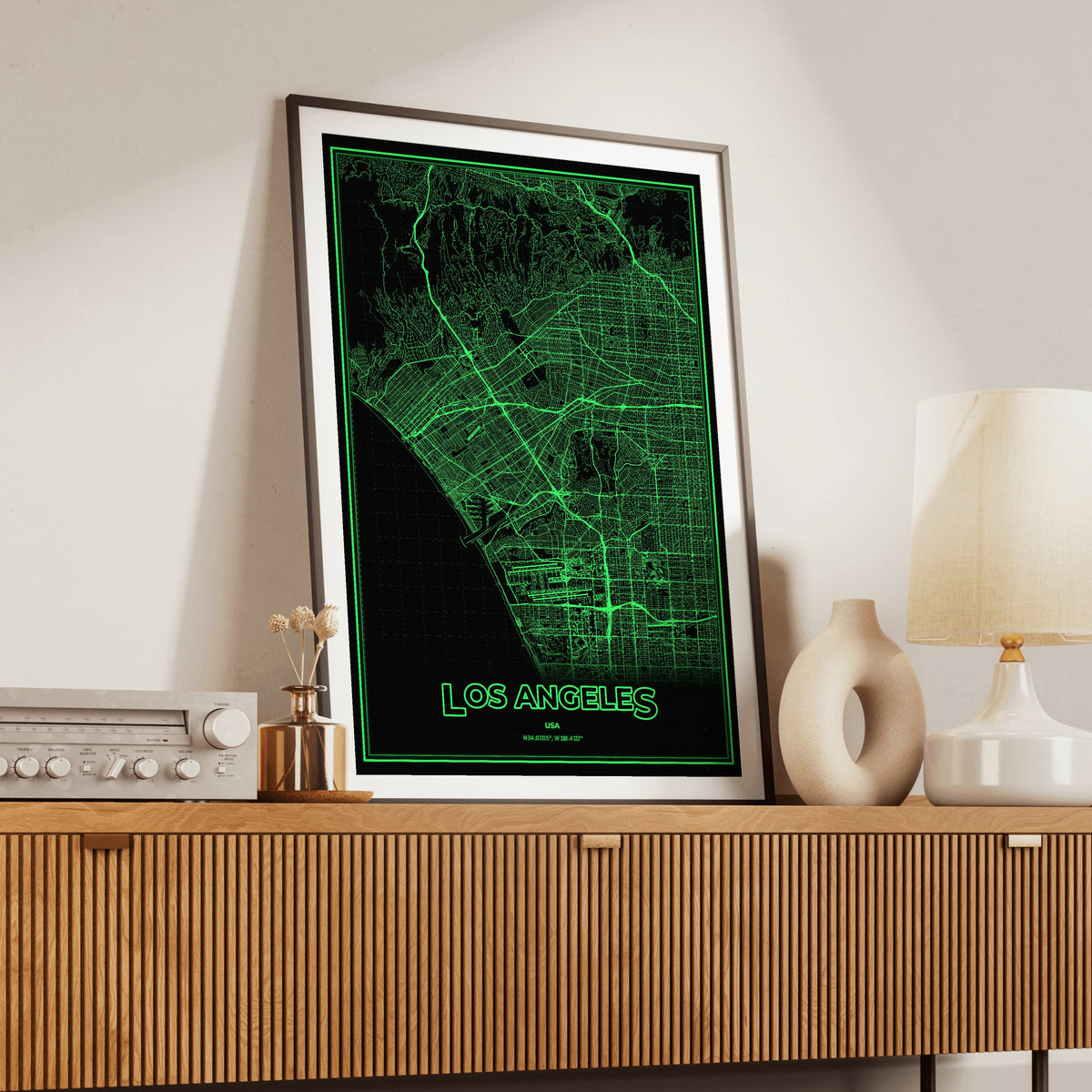 Los Angeles Phosphor Map Poster - Phosphor Green