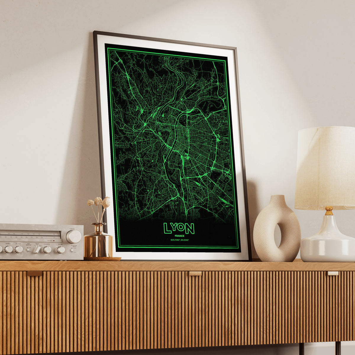 Lyon Phosphor Map Poster - Phosphor Green