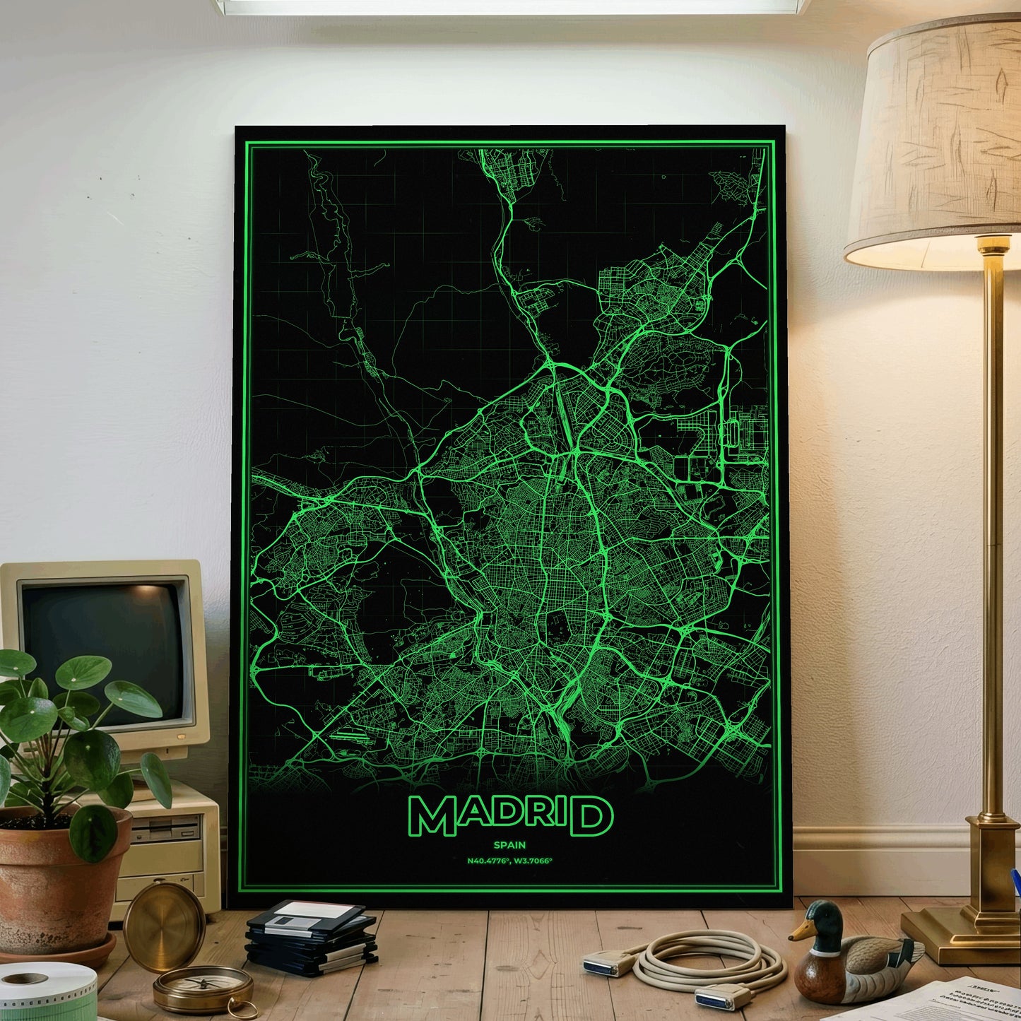 Madrid Phosphor Map Poster - Phosphor Green