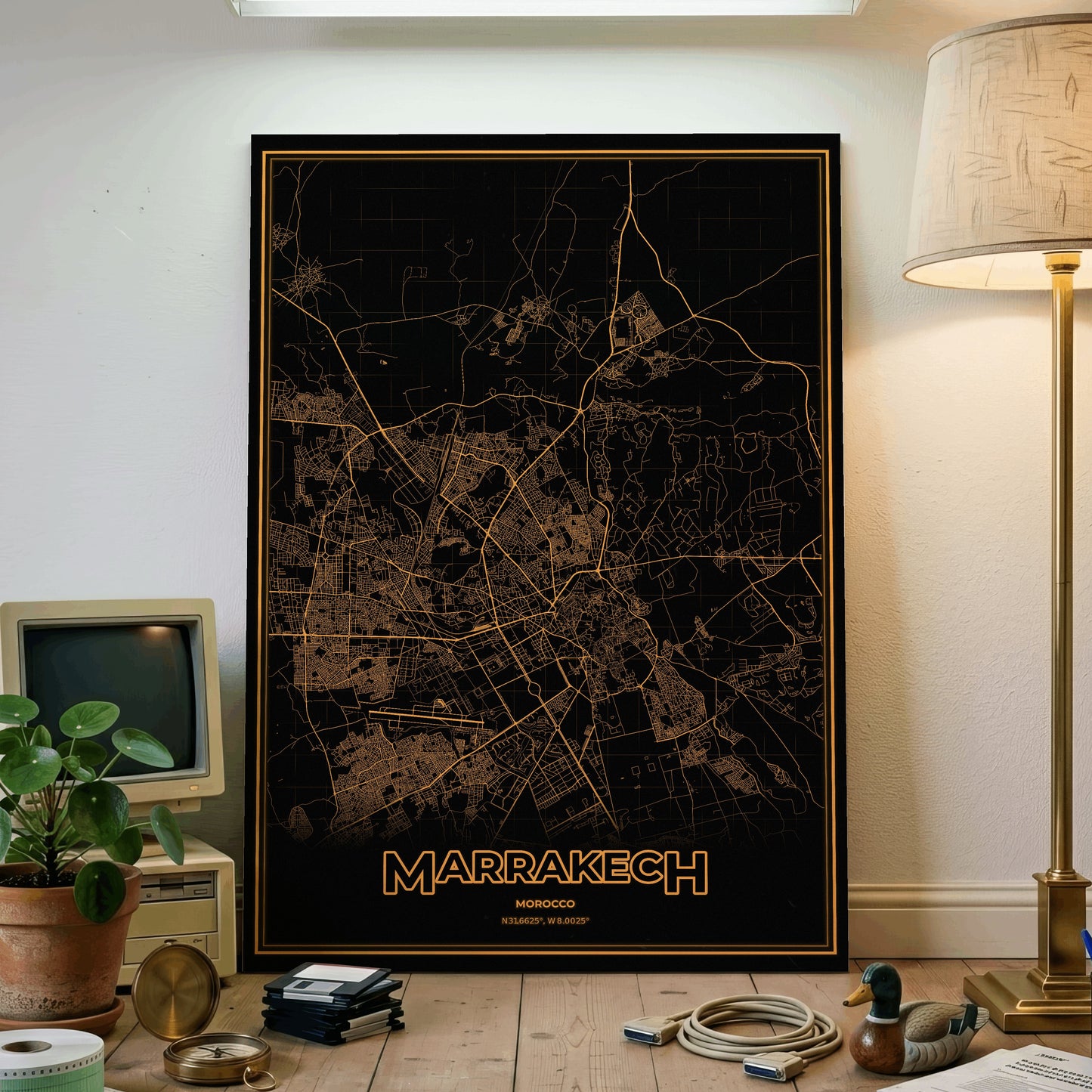 Marrakech Phosphor Map Poster - Amber CRT