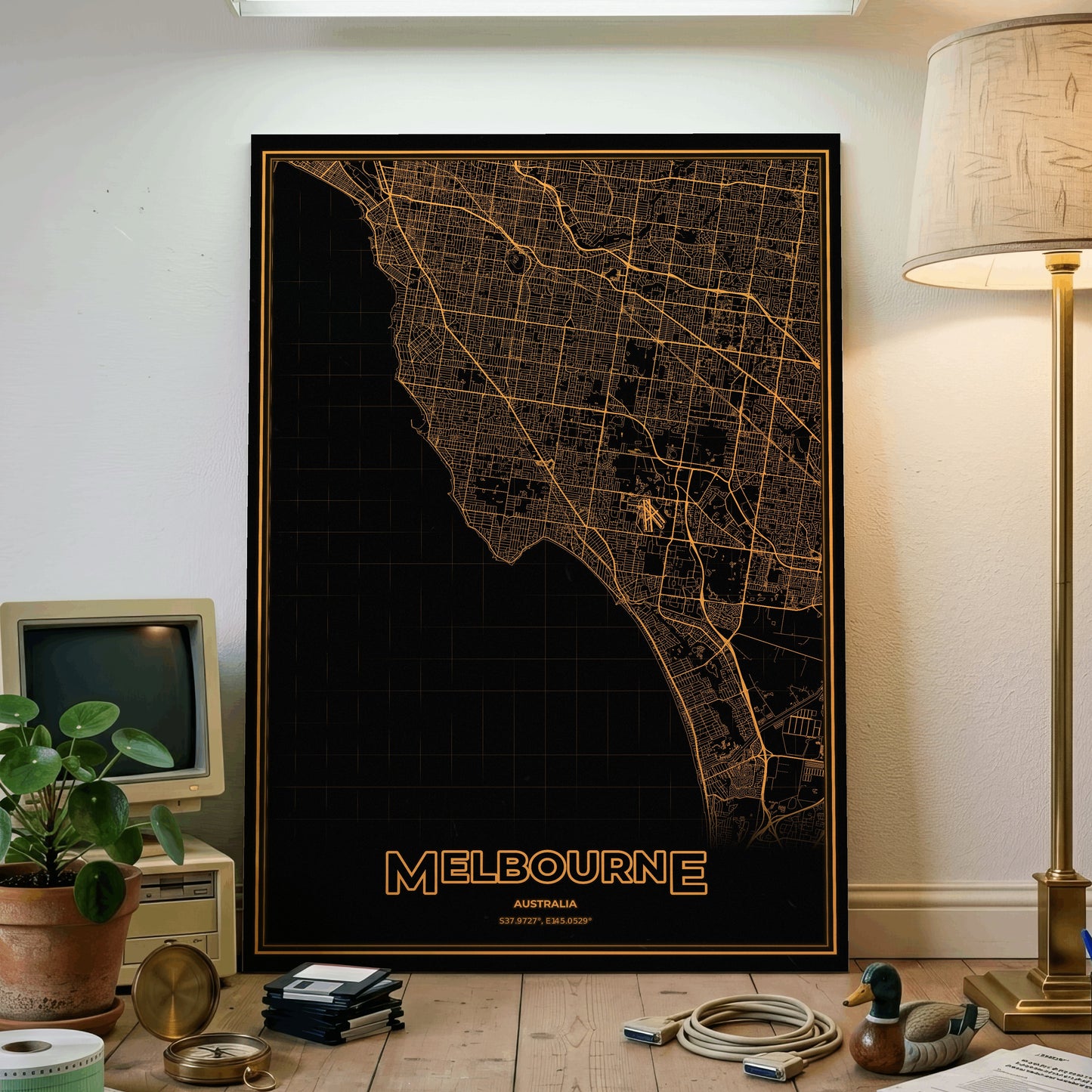 Melbourne Phosphor Map Poster - Amber CRT