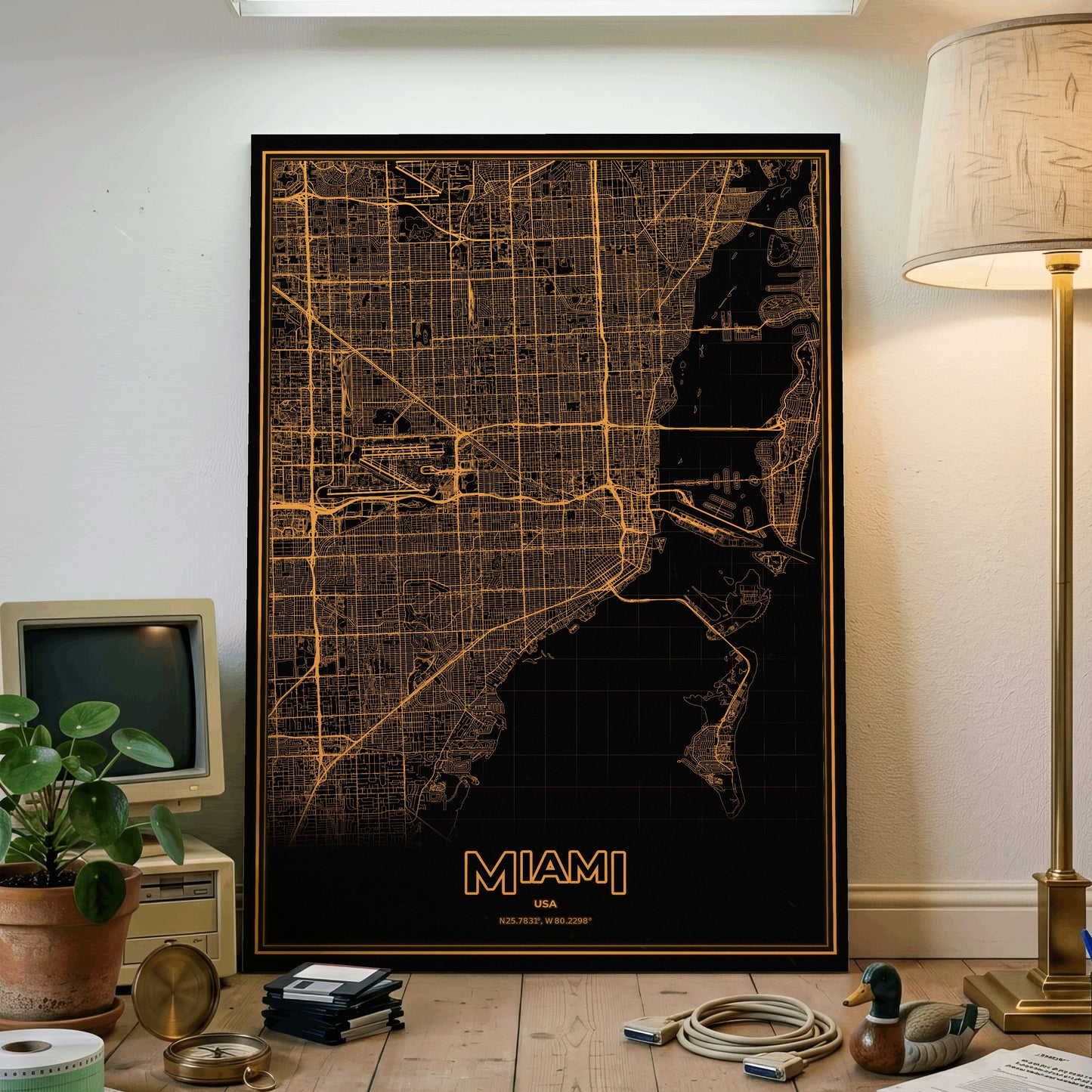 Miami Phosphor Map Poster - Amber CRT