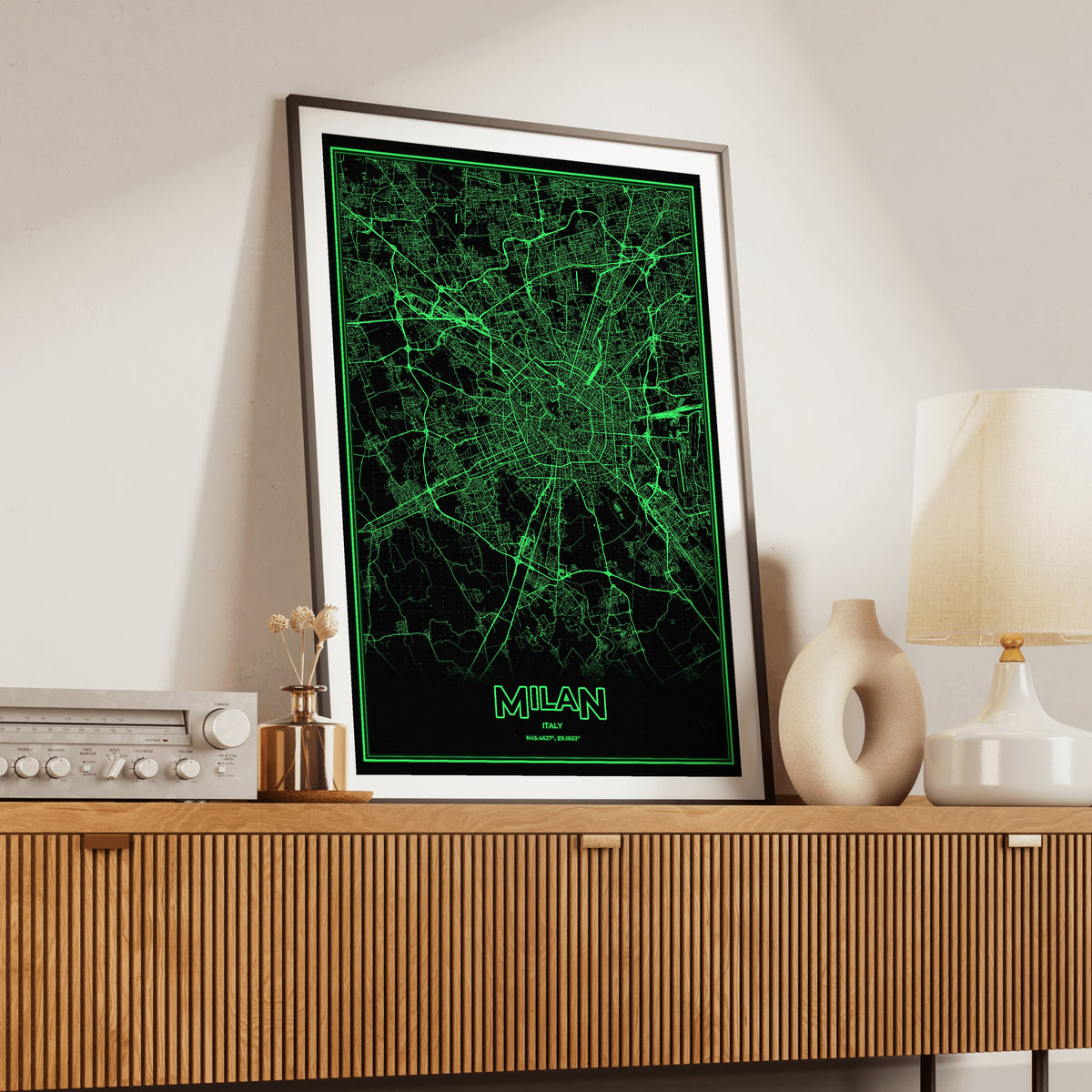 Milan Phosphor Map Poster - Phosphor Green