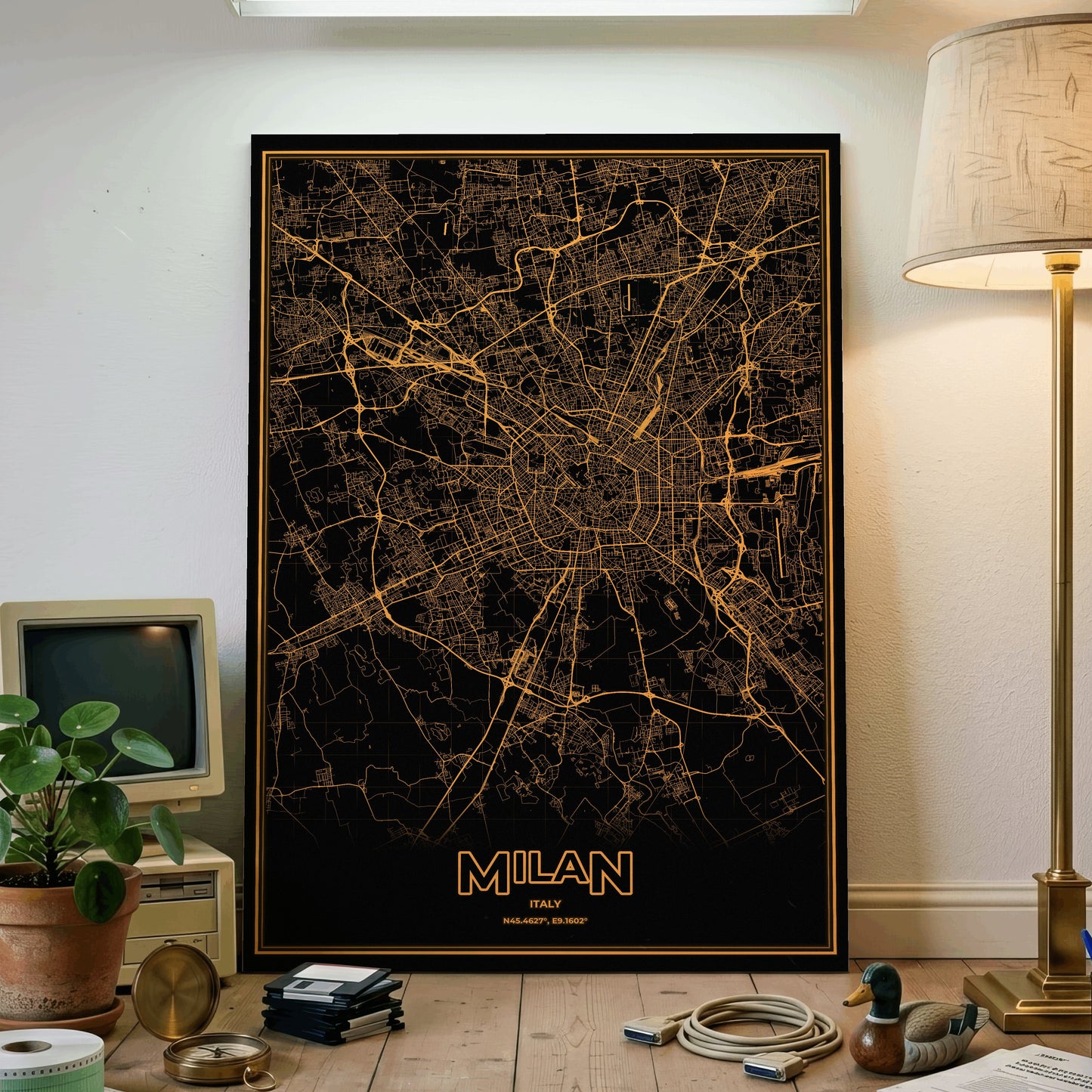 Milan Phosphor Map Poster - Amber CRT