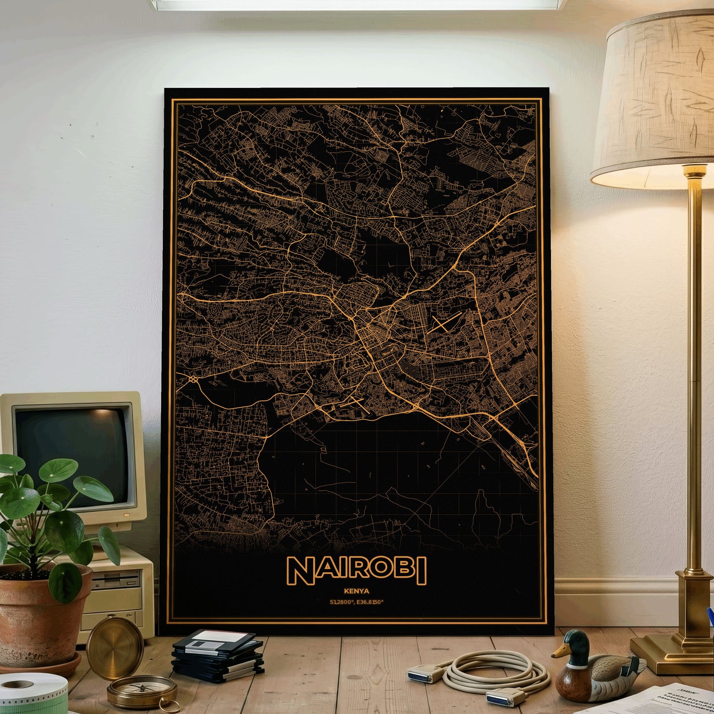 Nairobi Phosphor Map Poster - Amber CRT