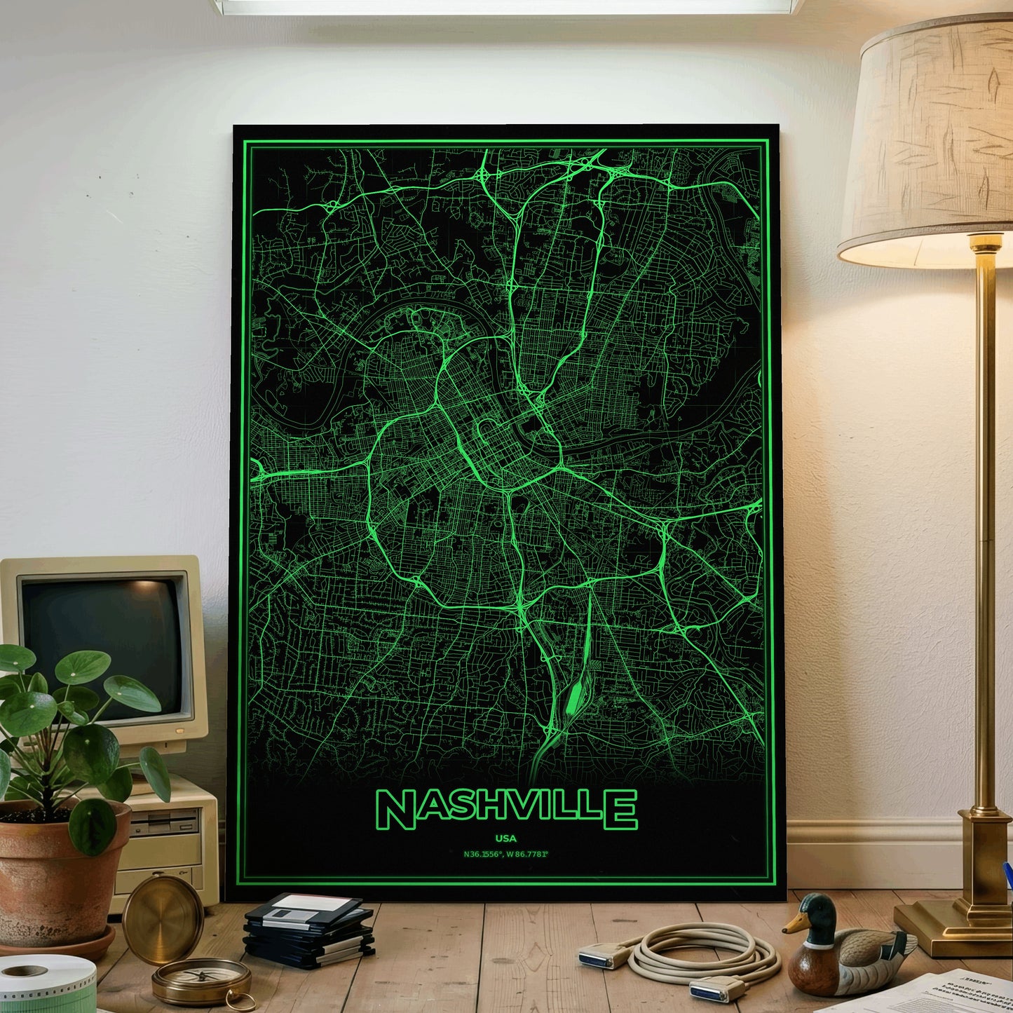 Nashville Phosphor Map Poster - Phosphor Green