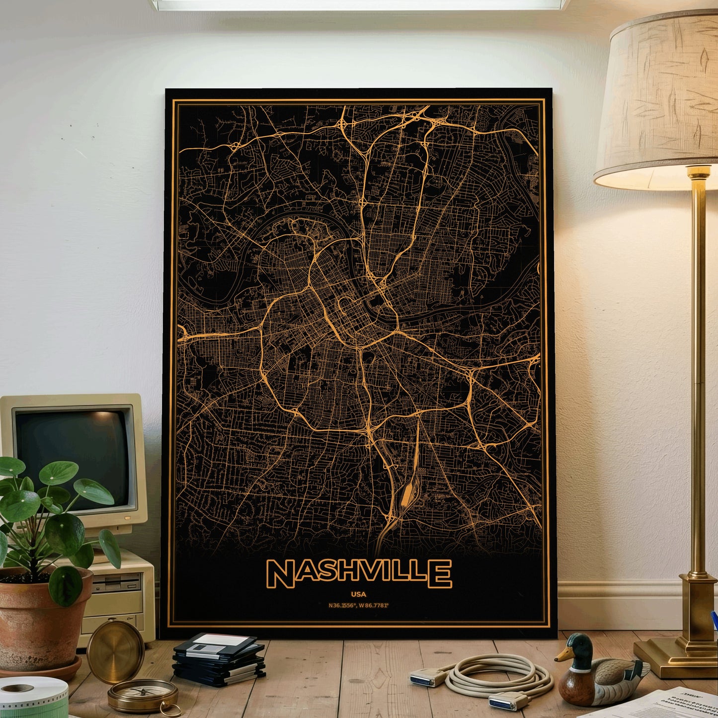 Nashville Phosphor Map Poster - Amber CRT