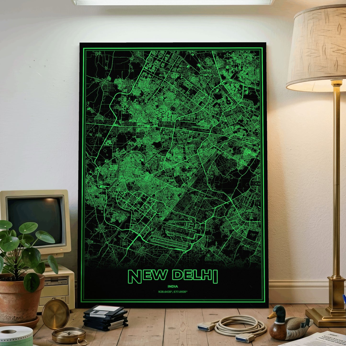 New Delhi Phosphor Map Poster - Phosphor Green