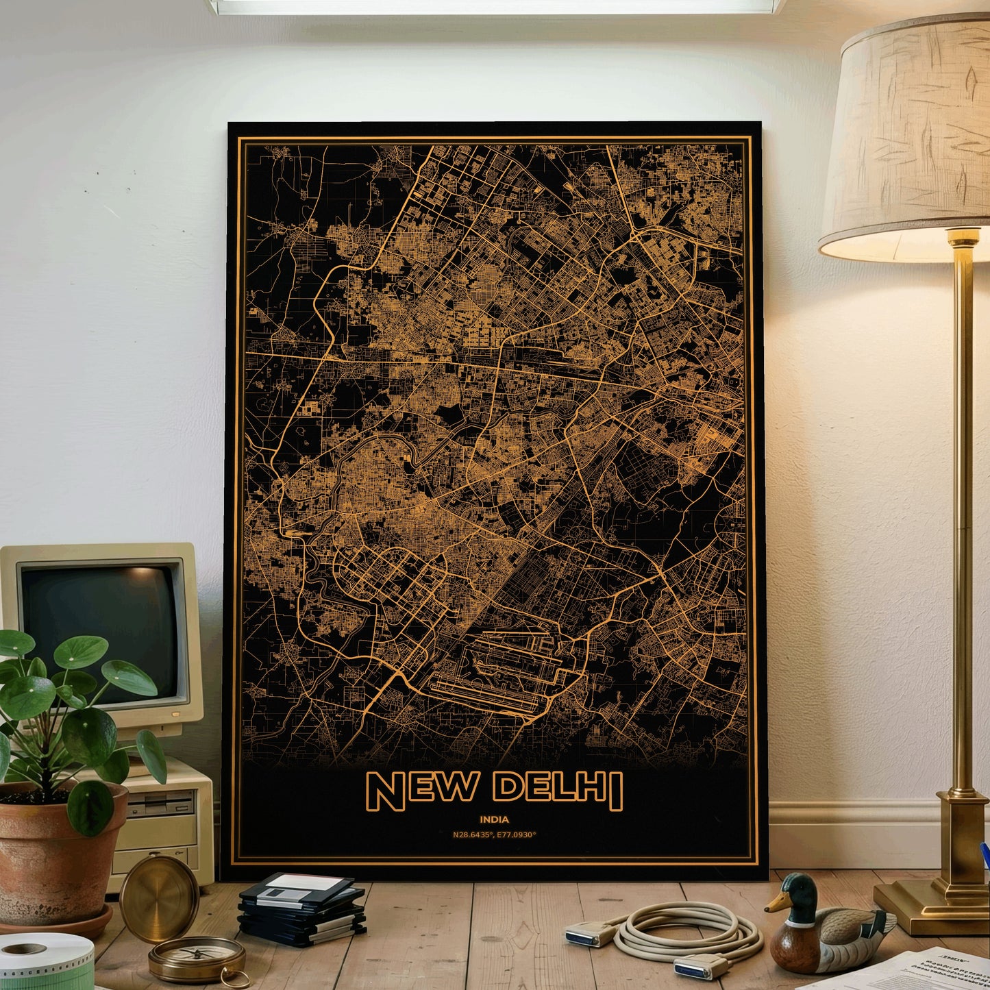 New Delhi Phosphor Map Poster - Amber CRT
