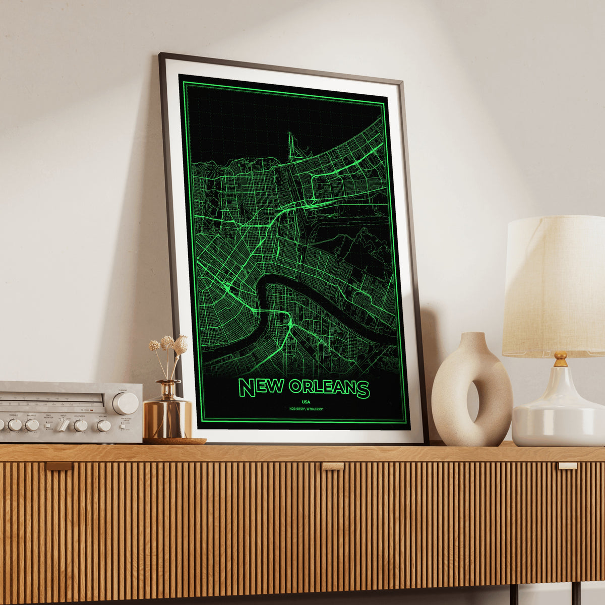 New Orleans Phosphor Map Poster - Phosphor Green