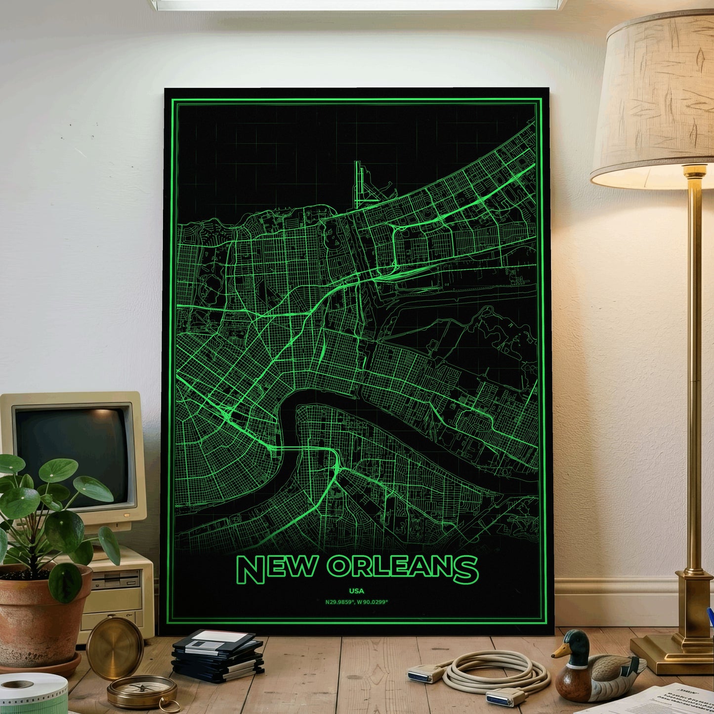 New Orleans Phosphor Map Poster - Phosphor Green