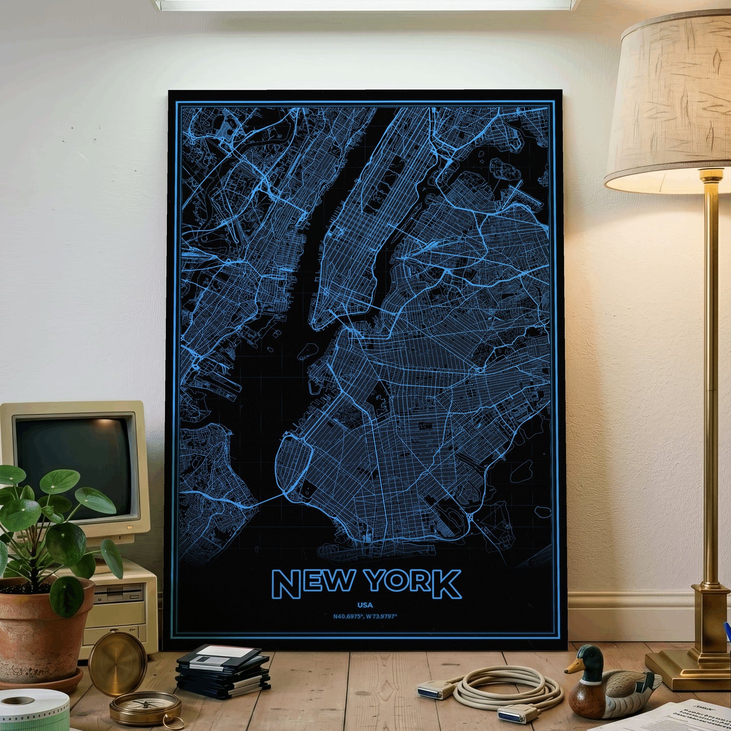 New York Phosphor Map Poster - IBM Blue