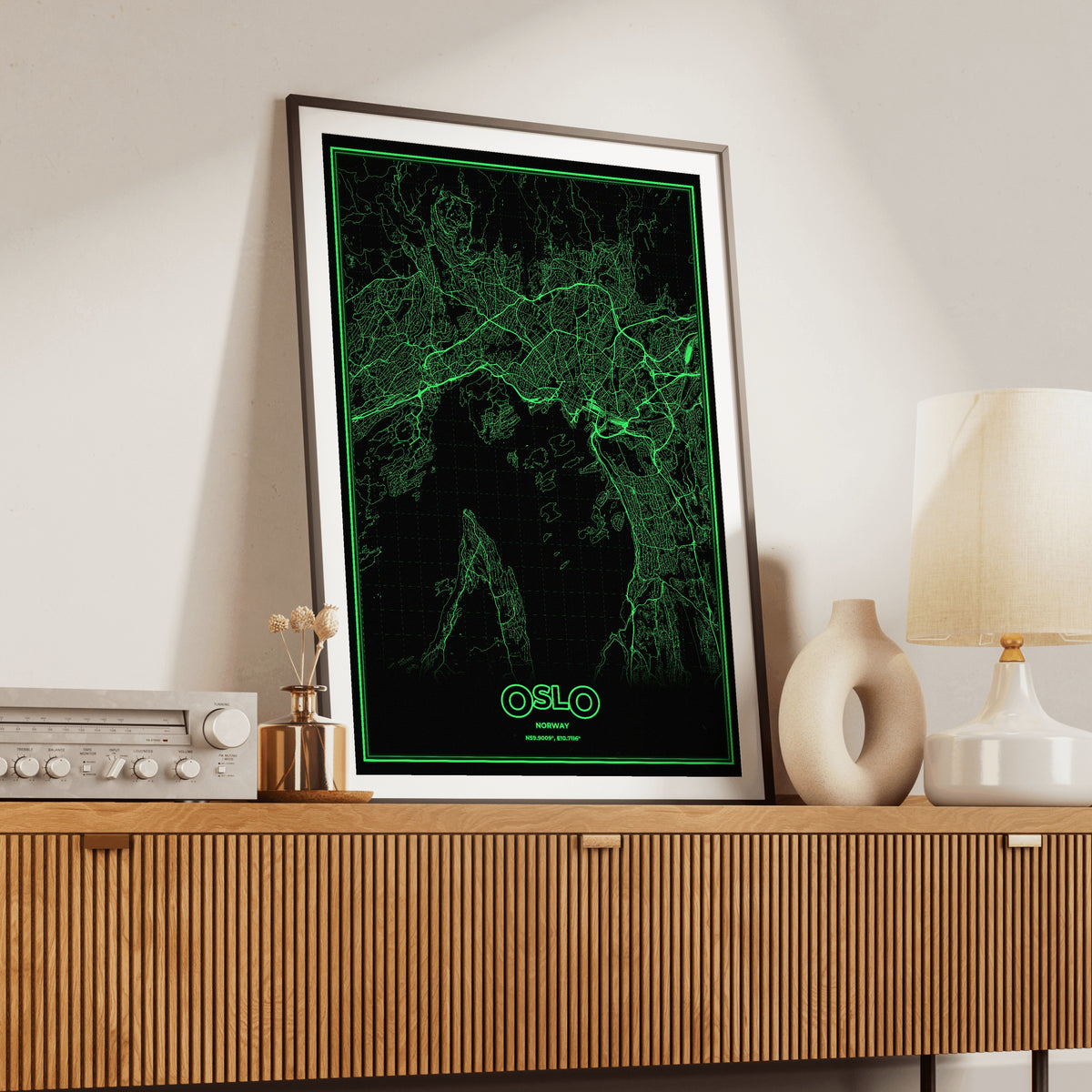 Oslo Phosphor Map Poster - Phosphor Green