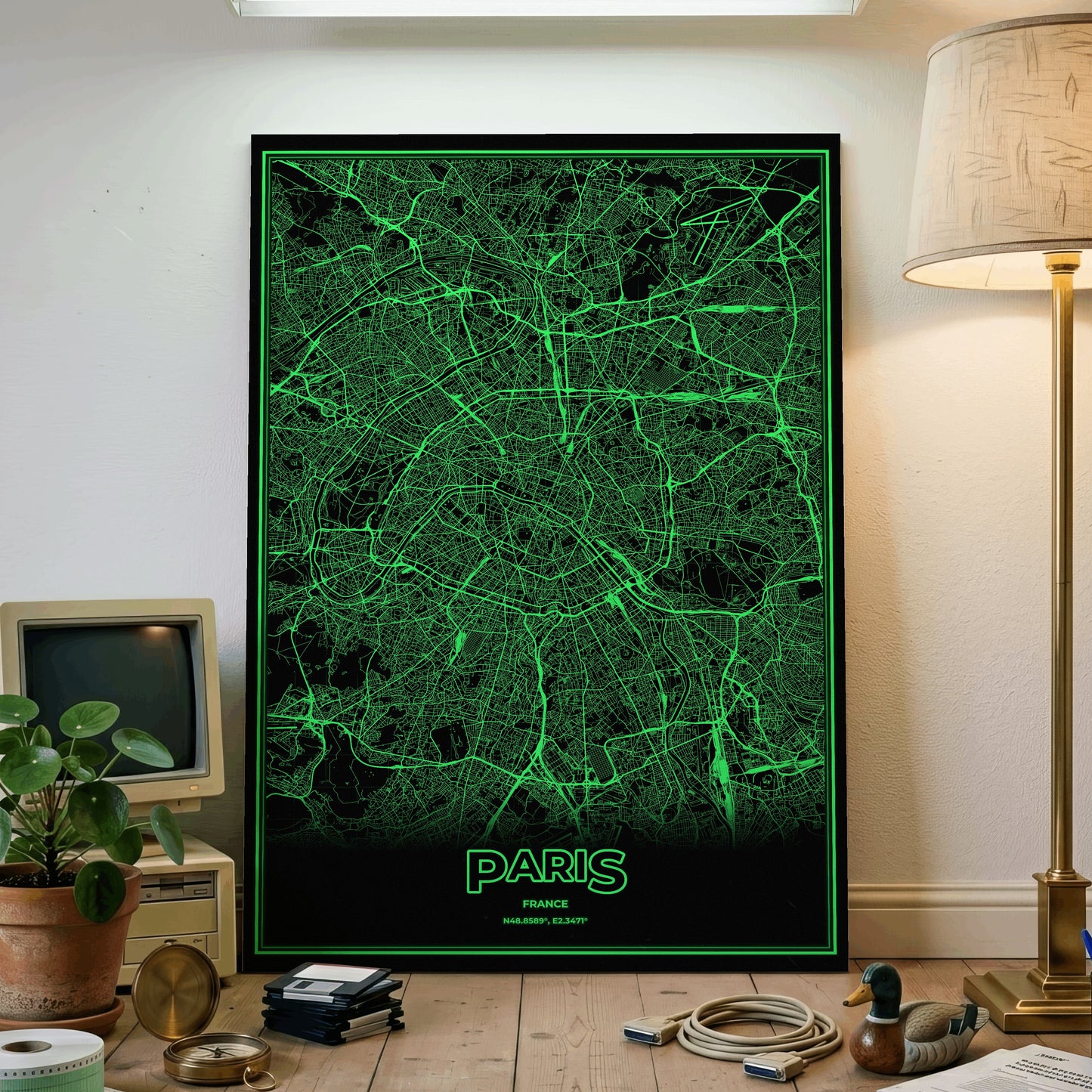 Paris Phosphor Map Poster - Phosphor Green