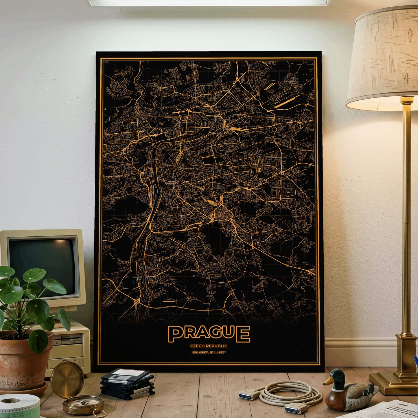 Prague Phosphor Map Poster - Amber CRT