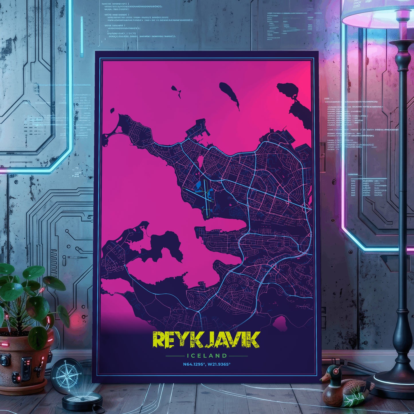 Reykjavik Cyberpunk Map Poster