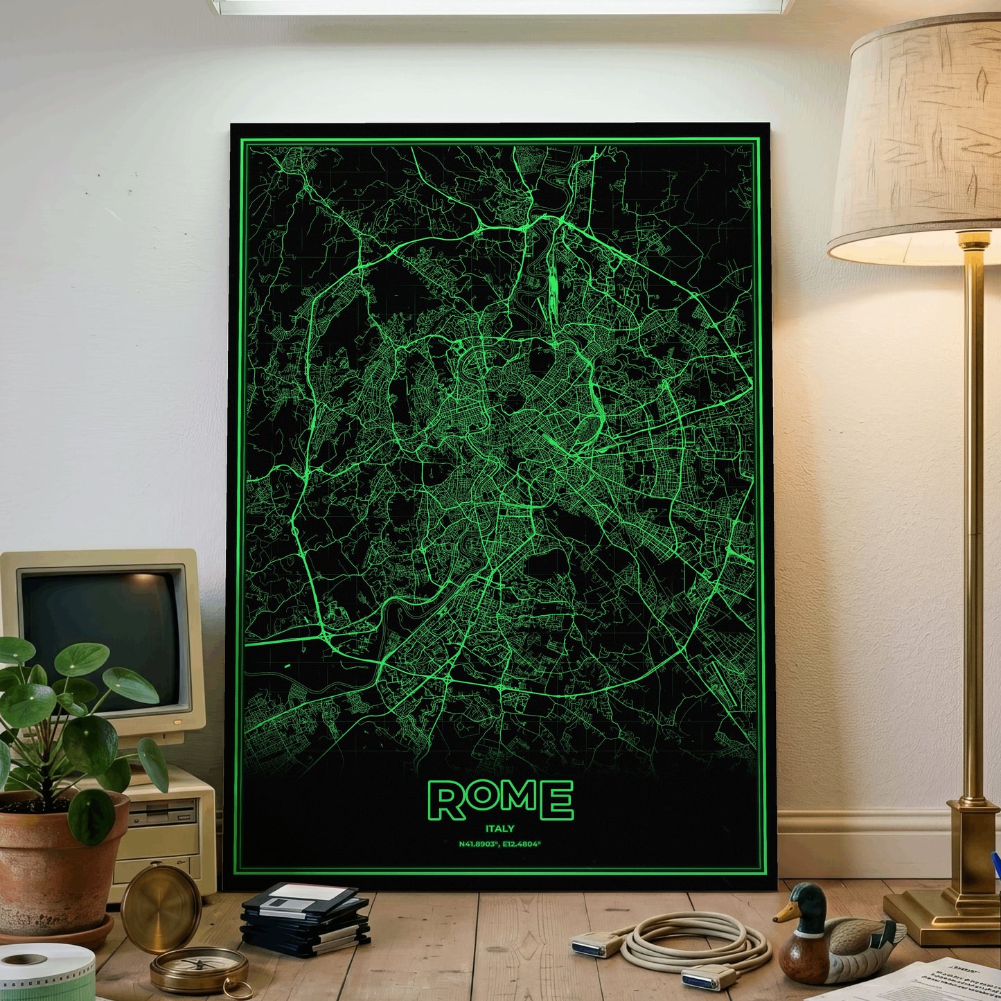 Rome Phosphor Map Poster - Phosphor Green