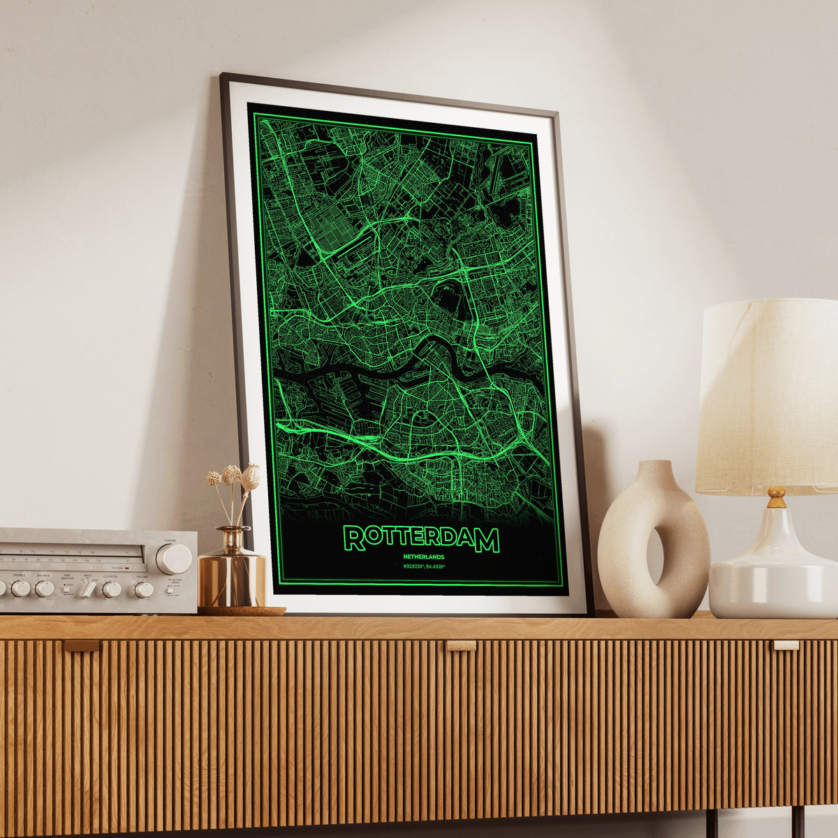 Rotterdam Phosphor Map Poster - Phosphor Green