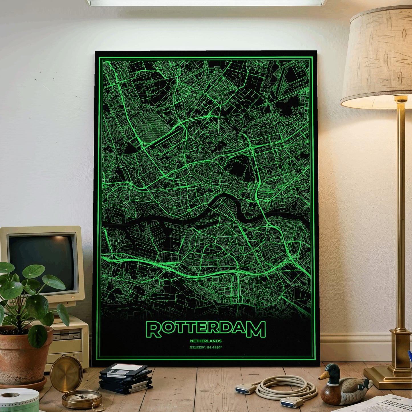 Rotterdam Phosphor Map Poster - Phosphor Green