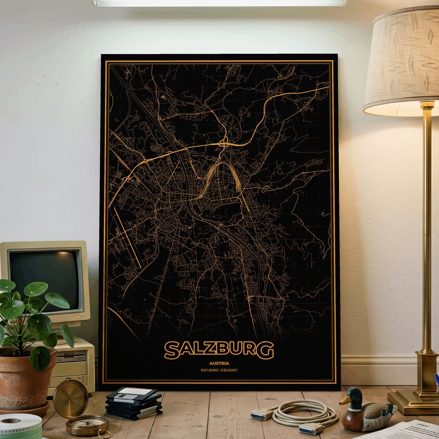 Salzburg Phosphor Map Poster - Amber CRT