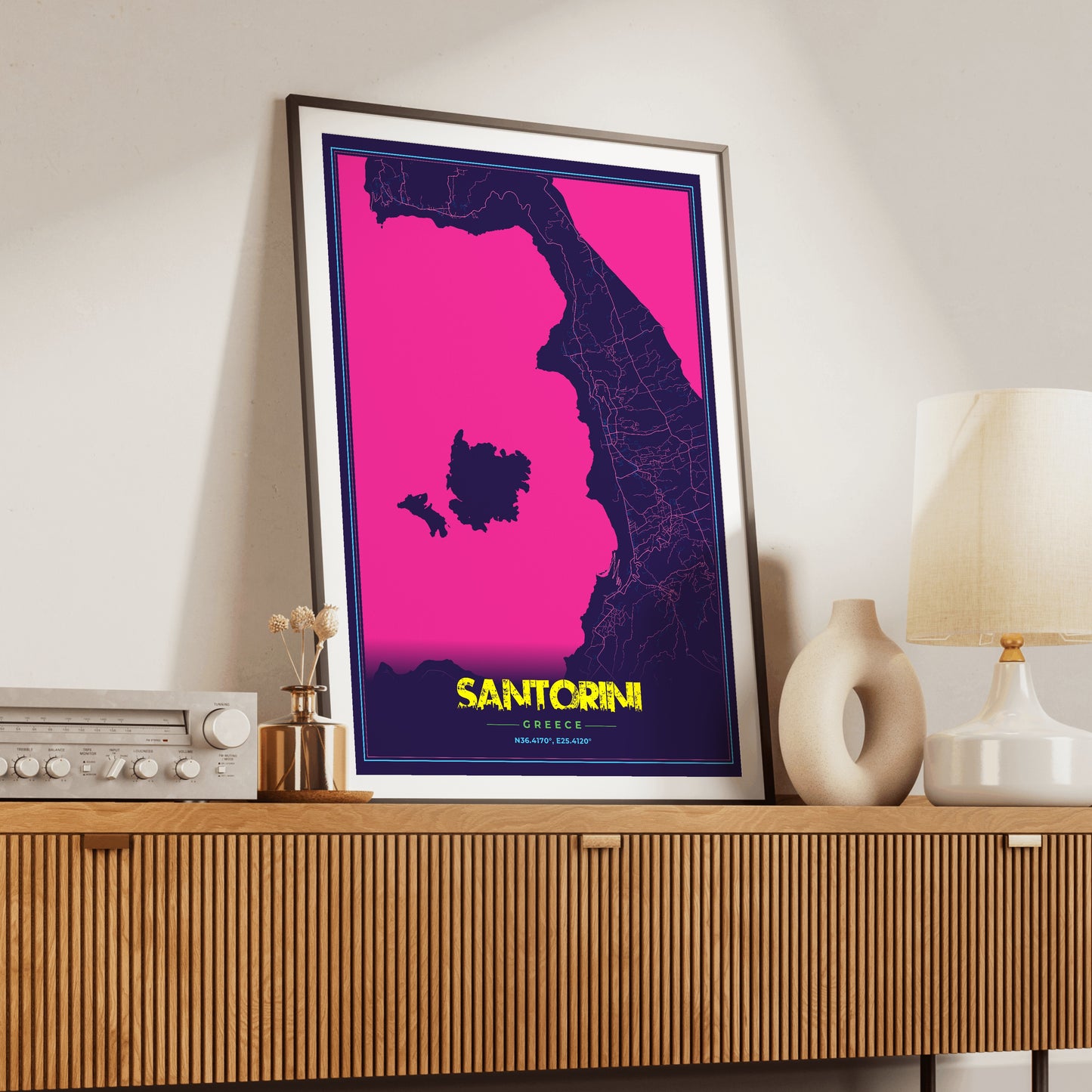 Santorini Cyberpunk Map Poster