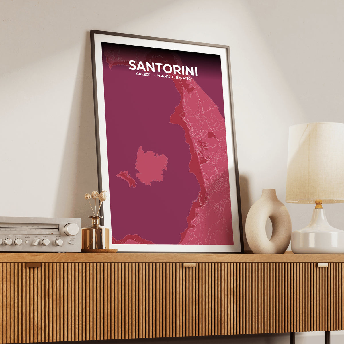 Santorini Scarlet Map Poster