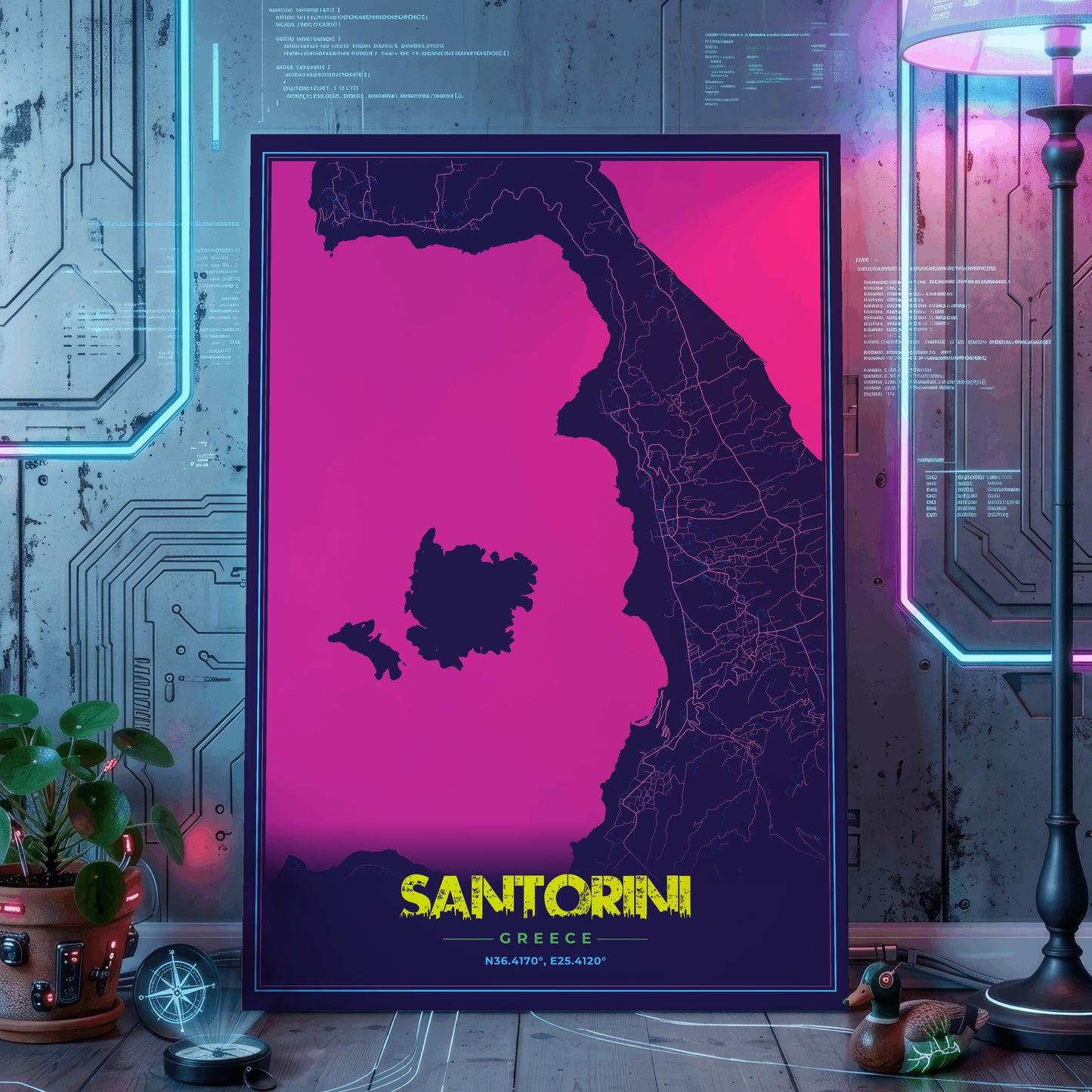Santorini Cyberpunk Map Poster