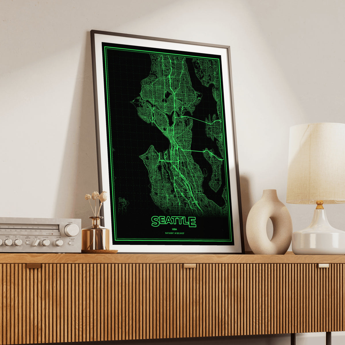 Seattle Phosphor Map Poster - Phosphor Green