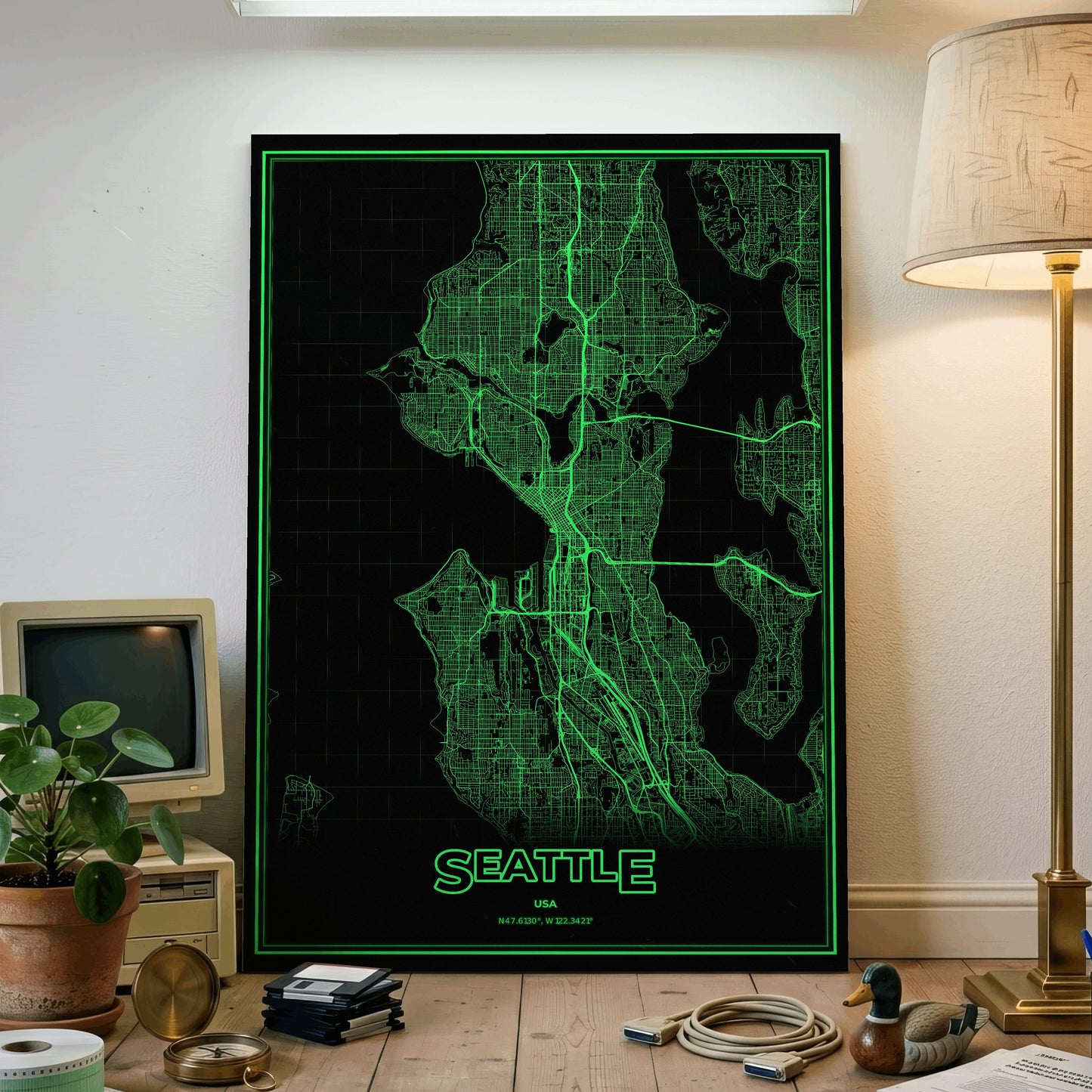 Seattle Phosphor Map Poster - Phosphor Green